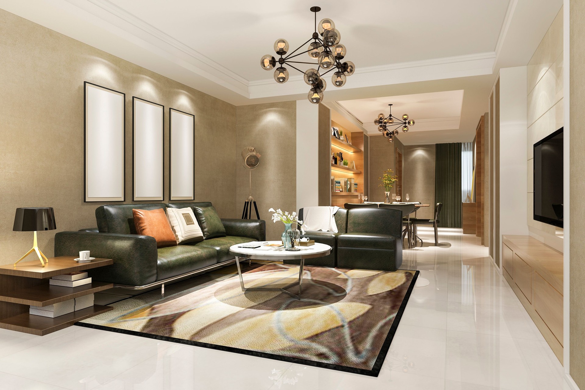 3d rendering modern dining room and kitchen with living room with luxury decor